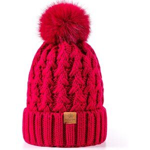 Women’s Rose Red Winter Ribbed Beanie Hat Chunky Cable Knit Pompom Warm